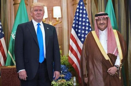 US President Donald Trump and Saudi Crown Prince Muhammad bin Nayif bin Abdulaziz al-Saud take part in a bilateral meeting at a hotel in Riyadh on May 20, 2017. / AFP PHOTO / MANDEL NGANMANDEL NGAN/AFP/Getty Images
