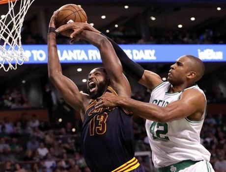 Boston, MA - 5/19/2017 - (3rd quarter)Boston Celtics center Al Horford (42) fouled Cleveland Cavaliers center Tristan Thompson (13) on this play during the third quarter. The Boston Celtics host the Cleveland Cavaliers in Game 2 of the Eastern Conference Finals at TD Garden. - (Barry Chin/Globe Staff), Section: Sports, Reporter: Adam Himmelsbach, Topic: 20Celtics-Cavaliers, LOID: 8.3.2541685637.
