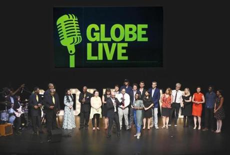 The cast of Globe Live on stage at the Paramount Center on Friday night.
