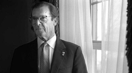 Sir Roger Moore during a press conference for UNICEF at the Ritz-Carlton Hotel in Boston in 1997. 
