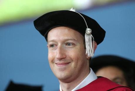 CAMBRIDGEW, MA - 5/25/2017: Mark Zuckerberg, Harvard dropout and CEO of Facebook, a company worth nearly $400 billion, got a college degree more than a decade after leaving his classes behind here at the Harvard Commencement. (David L Ryan/Globe Staff Photo) SECTION: METRO TOPIC 26harvard
