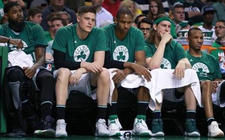 Boston, MA May 25, 2017: As time winds down in the game and their season, the Celtics (left to right) Amir Johnson, Jonas Jerebko, Al Horford, Kelly Olynyk and Avery Bradley are not a happy bunch. The Boston Celtics hosted the Cleveland Cavaliers for Game Five of their NBA Eastern Conference Finals playoff series at the TD Garden (Globe Staff Photo/Jim Davis)
