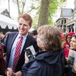 Representative Joseph Kennedy III greeted attendees outside the birthplace of John F. Kennedy on Beals Street in Brookline. 