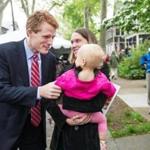 Representative Joe Kennedy III greeted Tara Redepenning and her daughter Grace of Cambridge outside John F. Kennedy?s birthplace.
