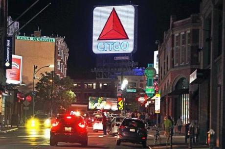 07/27/16: Boston, MA: The iconic Citgo sign in Kenmore Square is pictured looking down Brookline Avenue after a Red Sox game.(Globe Staff Photo/Jim Davis) section:magazine topic: Citgo Sign 
