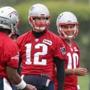 06/06/2017 Foxboro Ma- New England Patriots Quarterback's Jacoby Brissett #7 (cq) left #12 Tom Brady (cq) middle and #10 Jimmy Garoppolo (cq) at their teams Minicamp practice. Jonathan Wiggs\Globe Staff Reporter:Topic