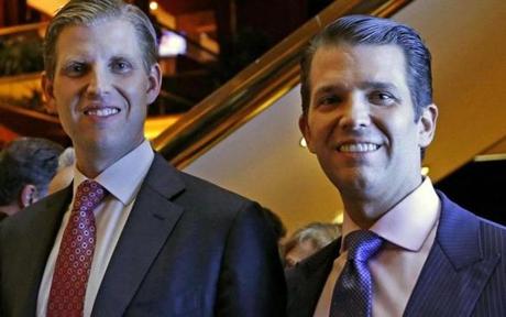 Eric Trump (left) and Donald Trump Jr. attended an event for Scion Hotels in New York on Monday. That Trump Organization concept will be a chain of four-star boutique hotels.

