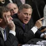 Senate Intelligence Committee Chairman Richard Burr, R-N.C.,, joined at left by Vice Chairman Mark Warner, D-Va., and Sen. Jim Risch, R-Idaho, rear, orders Sen. Kamala Harris, D-Calif., to suspend her inquiry of top national security chiefs testifying on the gathering intelligence on foreign agents, on Capitol Hill in Washington, Wednesday, June 7, 2017. The nation's intelligence chiefs, facing questions from Congress one day before former FBI Director James Comey provides his first public account of the events leading up to his firing, declined to describe conversations with President Donald Trump but said they had not been directed to do anything they considered illegal or felt pressured to do so.(AP Photo/J. Scott Applewhite)