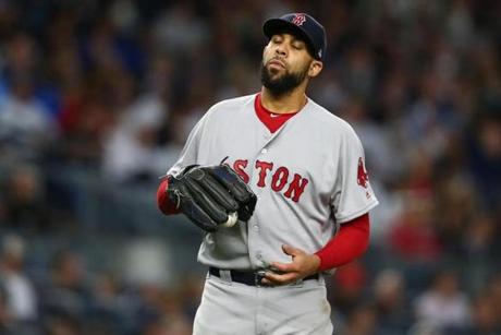 NEW YORK, NY - JUNE 08: David Price #24 of the Boston Red Sox reacts in the third inning against the New York Yankees at Yankee Stadium on June 8, 2017 in the Bronx borough of New York City. (Photo by Mike Stobe/Getty Images)
