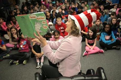 Lauren Baker read ?Horton Hatches the Egg,? by Dr. Seuss, to third-graders at the Francis Wyman Elementary School in Burlington in March.
