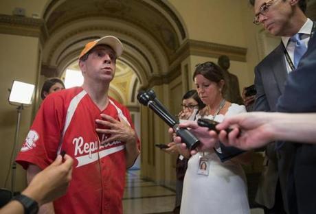 US Representative Charles Fleischmann, a Tennesee Republican, spoke to reporters at Capitol Hill after Wednesday?s shooting during a congressional baseball practice. 
