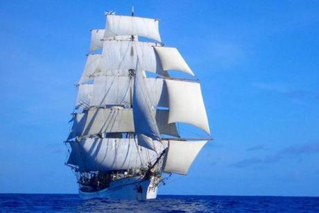 Picton Castle, a three-masted tall ship, was a minesweeper in World War II. (Sail Boston)
