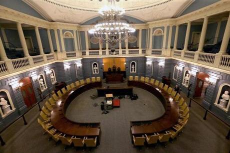 The design for the new Senate chamber features new lighting and ventilation systems, accessible seating, a raised podium accessible by a new lift, and new audio technology, among other things. 
