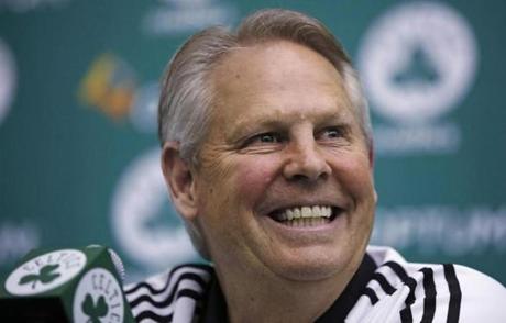 Danny Ainge, Boston Celtics president of basketball operations, smiles as he addresses reporters at the team's training facility in Waltham, Mass., Tuesday, May 16, 2017. The Celtics won the NBA draft lottery, capitalizing on a trade they made with the Brooklyn Nets four years ago. (AP Photo/Charles Krupa)
