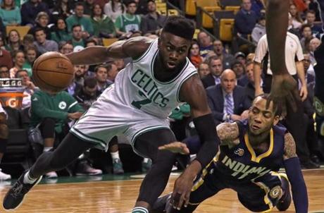 Boston, MA - 3/22/2017 - (1st quarter) Boston Celtics forward Jaylen Brown (7) drives past Indiana Pacers guard Monta Ellis (11) during the first quarter. The Boston Celtics host the Indiana Pacers at TD Garden. - (Barry Chin/Globe Staff), Section: Sports, Reporter: Adam Himmelsbach, Topic: 23Celtics-Pacers, LOID: 8.3.1978139473.
