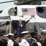 09 Aug 1974, Washington, DC, USA --- As he boards the White House helicopter after resigning the presidency, Richard M. Nixon smiles and gives the victory sign. --- Image by Â© Bettmann/CORBIS -- 11crit