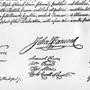 FILE - This undated file photo shows John Hancock's signature on the Declaration of Independence, which was formally signed by 56 members of Congress beginning Aug. 2, 1776. National Public Radio marked Independence Day on July 4th, 2017, by tweeting the entire declaration, but it seems some Twitter users didn?t recognize what they were reading. Some of the founders? criticisms of King George III were met with angry responses from supporters of President Donald Trump, who seemed to believe the tweets were a reference to the current president. Others were under the impression NPR was trying to provoke Trump with the tweets. (AP Photo, File)