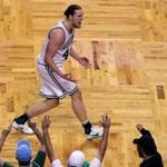 Boston, MA May 15, 2017: The Celtics Kelly Olynyk brings the home crowd out of their seats after he hit a fourth quarter three pointer to put Boston ahead 101-93. The Boston Celtics hosted the Washington Wizards in Game Seven of their NBA Eastern Conference Semi-Final playoff series at the TD Garden. (Globe Staff Photo/Jim Davis)