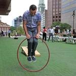 Connor Bradley jumped through a hoop during his lunch break at City Hall Plaza last week.