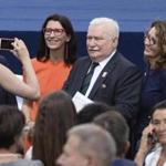 Lech Walesa posed for a picture before President Trump's speech Thursday in Krasinski Square in Warsaw.
