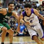Celtics forward Abdel Nader (left) couldn?t keep up with Lakers rookie Lonzo Ball.