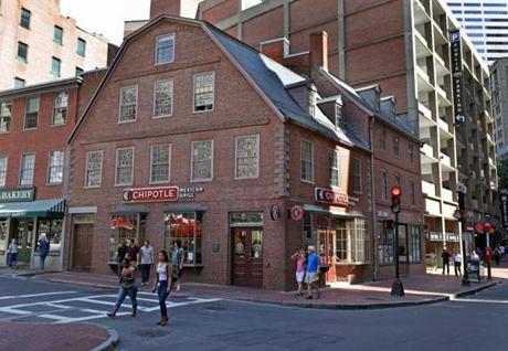 The Old Corner Bookstore, Boston?s oldest commercial building, now houses a Chipotle Mexican Grill outlet.
