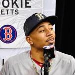 MIAMI, FL - JULY 10: Mookie Betts #50 of the Boston Red Sox and the American League speaks with the media during Gatorade All-Star Workout Day ahead of the 88th MLB All-Star Game at Marlins Park on July 10, 2017 in Miami, Florida. (Photo by Mark Brown/Getty Images)