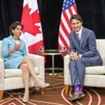 Canada?s Prime Minister Justin Trudeau (right) spoke with Governor Gina Raimondo of Rhode Island.