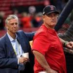 Boston, MA - 10/08/2016 - Boston Red Sox Red Sox president of baseball operations Dave Dombrowski and manager John Farrell (53). Red Sox work out at Fenway in advance of Sunday's ALDS Game 3. - (Barry Chin/Globe Staff), Section: Sports, Reporter: Peter Abraham, Topic: 09Red Sox, LOID: 8.3.271180691.