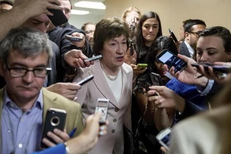 Sen. Susan Collins, R-Maine is pursued by reporters as she arrives on Capitol Hill in Washington, Tuesday, July 18, 2017. (AP Photo/Andrew Harnik)
