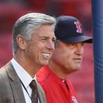 Boston-05/04/2017- Red sox vs Orioles- Sox president Dave Dombrowski stands with manager John Farrell as they watch pitcher David Price throw some pitches from the mound before batting practice.JohnTlumacki/ The BostonGlobe (sports)