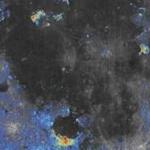 In this  image of the moon, colored areas indicate elevated water content compared with surrounding terrains. Yellows and reds indicate the richest water content, researchers say. 