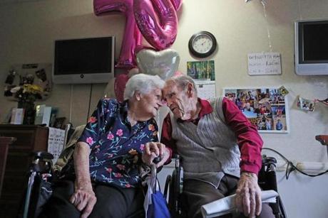Helen and John Kelly celebrated their 75th anniversary Tuesday at the Natick nursing home where they live.
