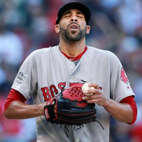 10/07/16: Cleveland, OH: Things did not go well for Red Sox starting pitcher David Price in the second inninghe is pictured reacting on the mound during that frame. The Boston Red Sox visited the Cleveland Indians for Game Two of their ALDS baseball game at Progressive Field. (Globe Staff Photo/Jim Davis) section: sports topic: Red Sox-Indians 
