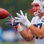 Foxborough -07/27/2017- The Patriots held their first day of traing camp at the practice field of Gillette Stadium. Rob Gronkowski catches a pass in a drill. John Tlumacki/Globe staff(sports)