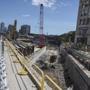 Boston, MA - 7/30/2017 - Construction is done on the site of the Commonwealth Avenue Bridge as part of a rebuilding project in Boston, MA, July 30, 2017. Interstate 90 will be reduced to two lanes of traffic each way through Boston while workers rebuild the Commonwealth Avenue Bridge overhead. (Keith Bedford/Globe Staff)