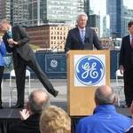 Jeff Immelt (at podium) appeared with officials at a May ground-breaking for GE?s new Fort Point headquarters.