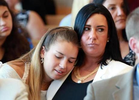 04carter - (08/03/2017- Taunton, MA) Lynn Roy, right, reacts to Michelle Carter's sentencing for involuntary manslaughter for encouraging 18-year-old Conrad Roy III to kill himself in July 2014. Thursday, August 3, 2017. (Matt West/Boston Herald)
