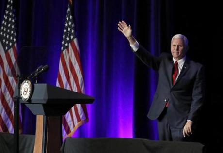 Vice President Mike Pence waved as he departs after speaking at the Young America's Foundation's 39th annual National Conservative Student Conferencen on Friday.
