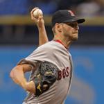 ST. PETERSBURG, FL - AUGUST 8: Chris Sale #41 of the Boston Red Sox pitches during the first inning of a game against the Tampa Bay Rays on August 8, 2017 at Tropicana Field in St. Petersburg, Florida. (Photo by Brian Blanco/Getty Images)