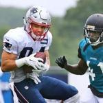 Foxborough-8/08/17- The Patriots held their trainiing camp Tuesday at Gillette Stadium practice fields with the Jacksonville Jaguars. Patriots Austin Carr pulls in a pass defended by Jaguars Brian Dixon. John Tlumacki/Globe Staff(sports)
