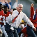 New England Patriots head coach Dick MacPherson charged onto the field after the team won on a field goal in overtime at Foxboro Stadium in 1991.