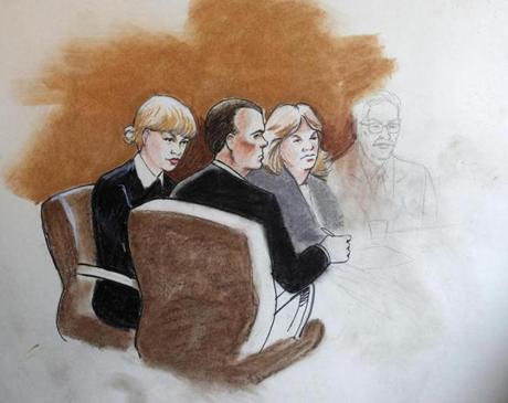 In this courtroom sketch by Jeff Kandyba, pop singer Taylor Swift (left) appears with her lawyer and mother in federal court Aug. 8 in Denver.
