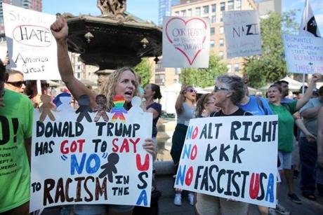 A vigil in support of peaceful anti-fascist protesters in Charlottesville, Va., was held on Boston Common on Sunday.
