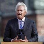 FILE - In this Monday, May 8, 2017, file photo, General Electric CEO Jeff Immelt speaks during a groundbreaking ceremony at the site of GE's new headquarters, in Boston. General Electric said Immelt is stepping down as CEO. John Flannery, president and CEO of the conglomerate's health care unit, will take over the post in August. (AP Photo/Michael Dwyer, File)