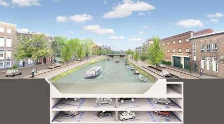 Construction crews are building a two-floor parking garage with 600 spaces for vehicles and 60 spots for bicycles underneat the Boerenwetering, a canal in the heart of the Oude Pijp neighborhood. 
