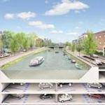 Construction crews are building a two-floor parking garage with 600 spaces for vehicles and 60 spots for bicycles underneat the Boerenwetering, a canal in the heart of the Oude Pijp neighborhood. 