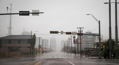 A street sits empty as Hurricane Harvey makes landfall in Corpus Christi, Texas, on Friday.
