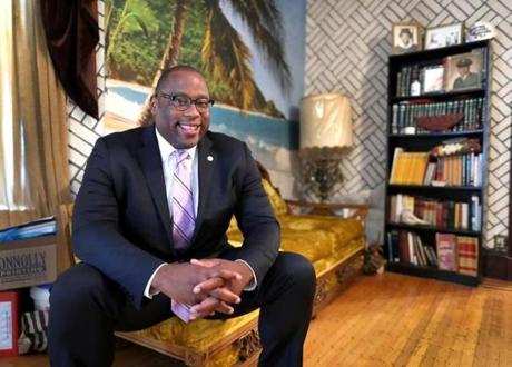 Boston mayoral candidate Tito Jackson in his living room.
