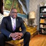 Boston mayoral candidate Tito Jackson in his living room.